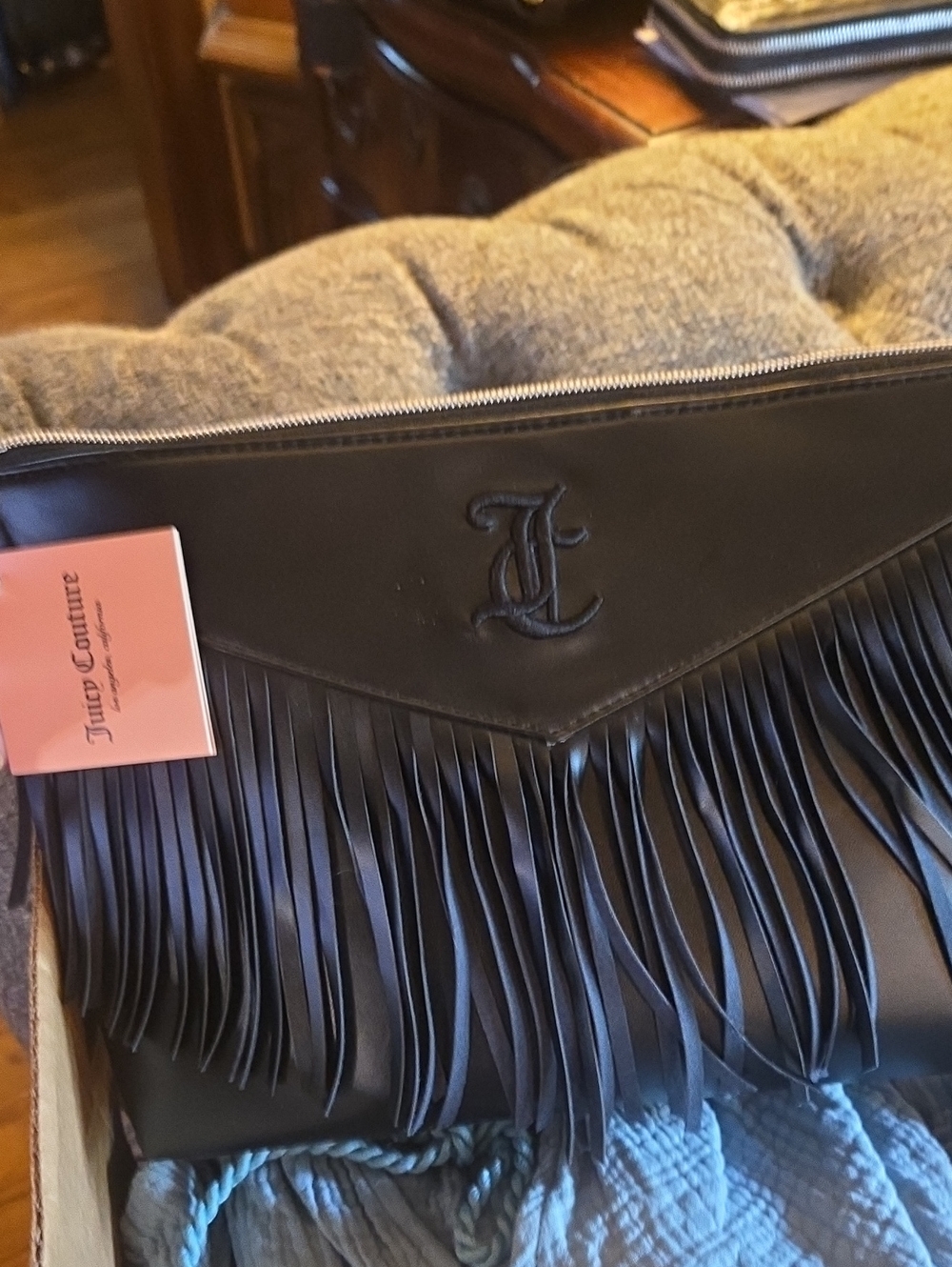 Juicy Couture Black  Faux Leather Fringe Clutch